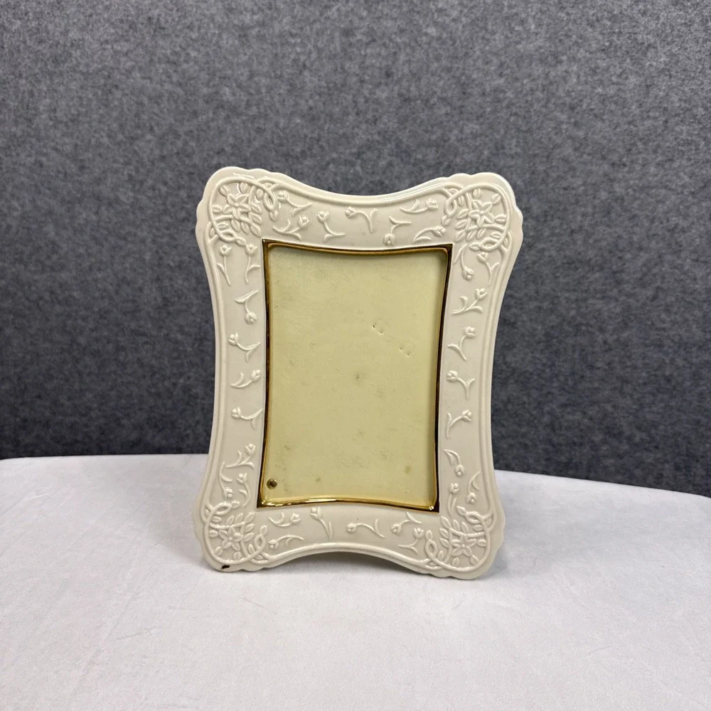 Lenox Porcelain Picture Frame Ivory Gold Floral Embossed 5x7 Tabletop Decor